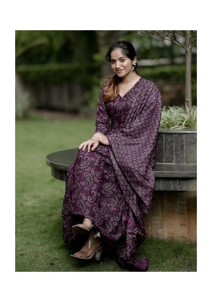 Malishka Export Purple Rayon Printed Anarkali Kurta Pant With Dupatta for Women - Image 4